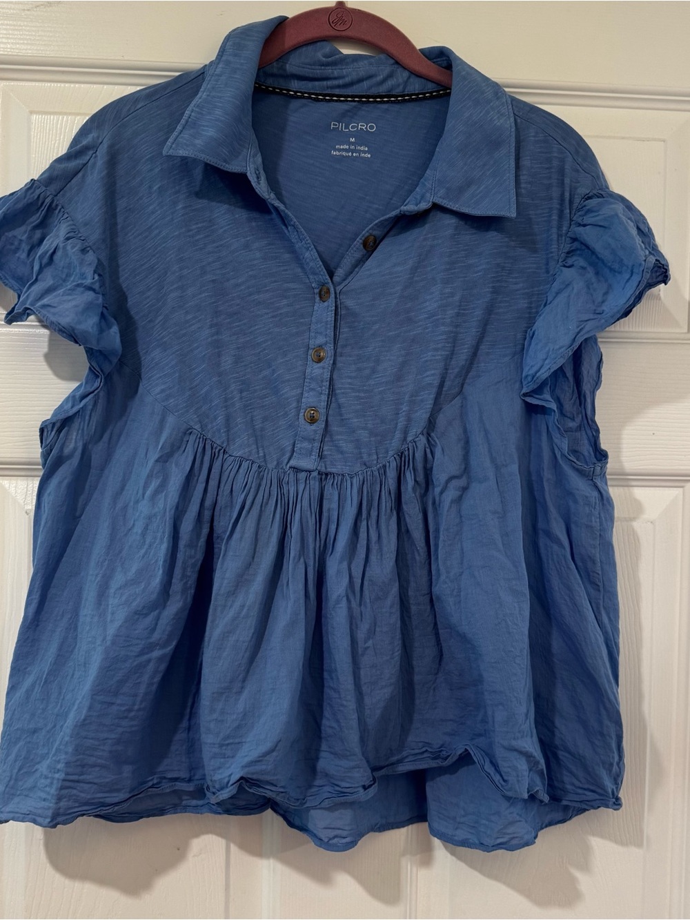 Anthropologie Pilcro Flutter-Sleeve Babydoll Top Wedgewood Blue Cotton